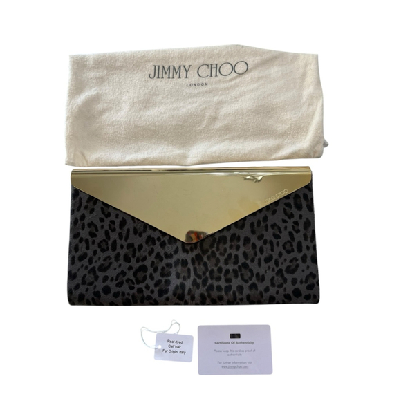 Jimmy Choo Calf Hair Leopard Print Clutch Purse W/Bag Cert. Authenticity Clean - Picture 1 of 10